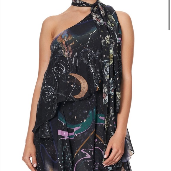 Camilla Asymmetrical Neck Tie Midnight Moon Dress - Picture 7 of 16